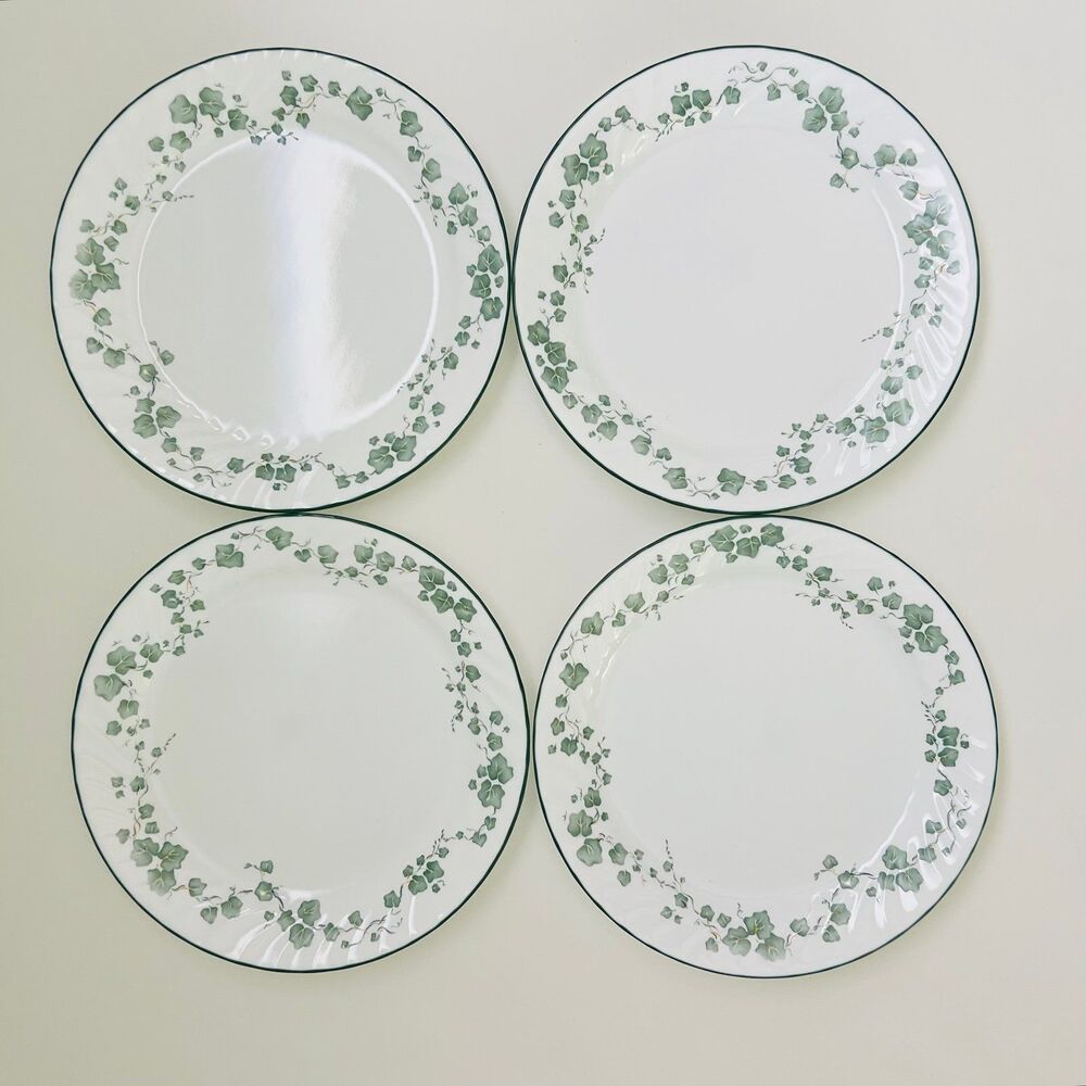 CORELLE Callaway Ivy Swirl Green Rim Dinner Plates, Set of 4